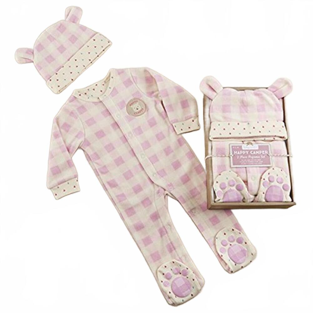 New Baby Aspen 2 Piece Pajama Bodysuit and Cap Hat Set - Pink Check